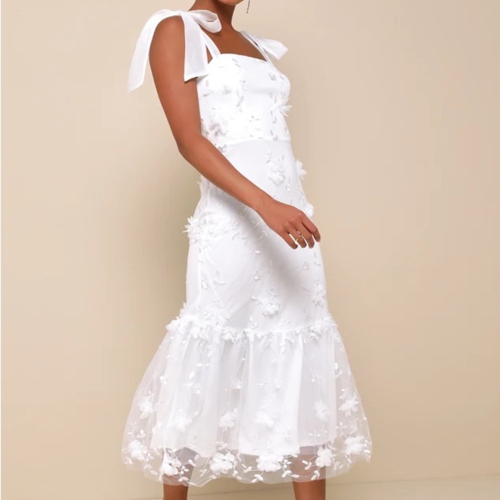 Lulus Divinely Adored White Embroidered Floral Tie-Strap Midi Dress